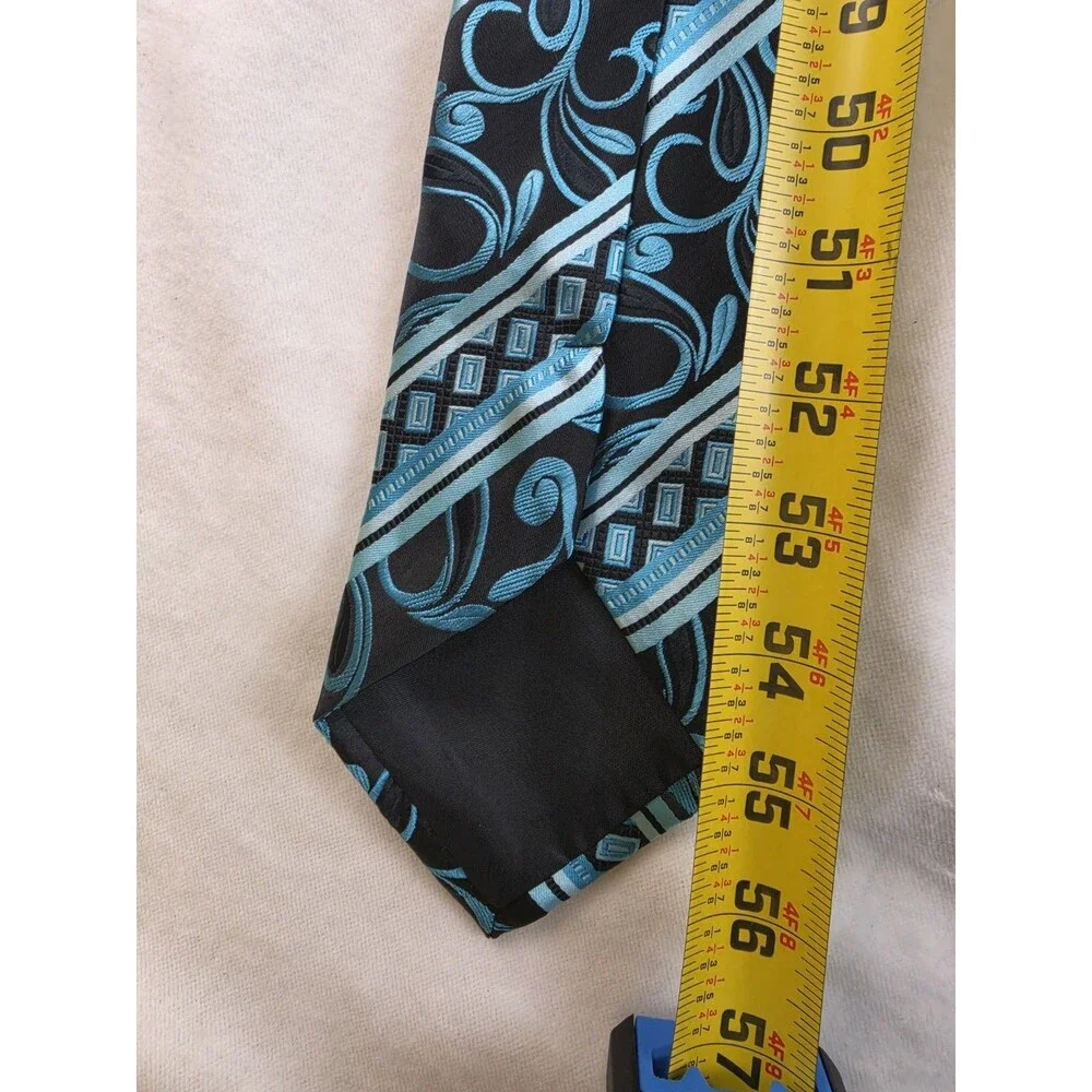 Karl Knox Teal Light Blue & Black Geometric Paisley Jacquard Silk Tie